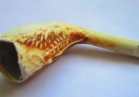 A clay pipe found on a local beach. The front is decorated with intricate leaves and the back is ribbed with tiny decorative curls. 