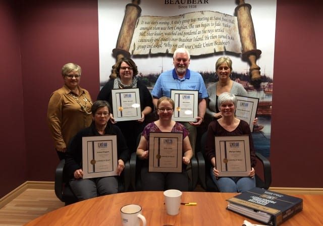 Beaubear participants proudly display their certificates. (L to R) Back Row: Kathy Watt Facilitator, Dawn Hannah, Bob Hillier, Cathy MacDonald. Front Row: Yoland Rogers, Beth Gillis, Marilyn Daley