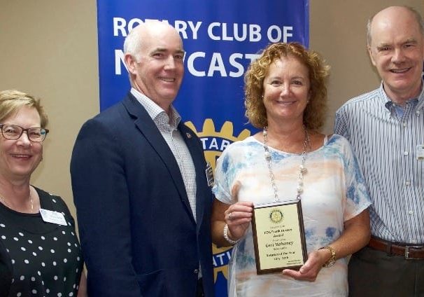 From left to right, Iris Sullivan (District Governor Elect), Wayne Wornes (Past District Governor), Geri Mahoney, and Jack Christie (Assistant District Governor).